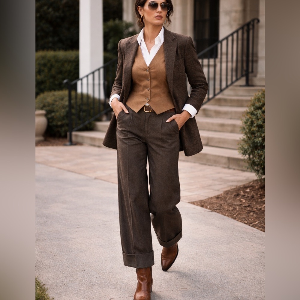 Banana Republic Martin Fit Brown Wool Blend Wide Leg Cuff Pants Women’s 4 Career